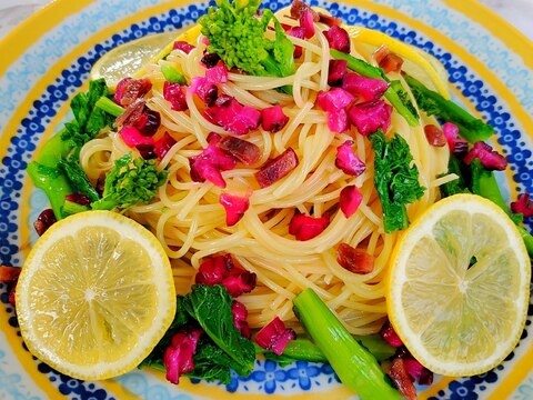 菜の花と柴漬けの冷製レモンパスタ